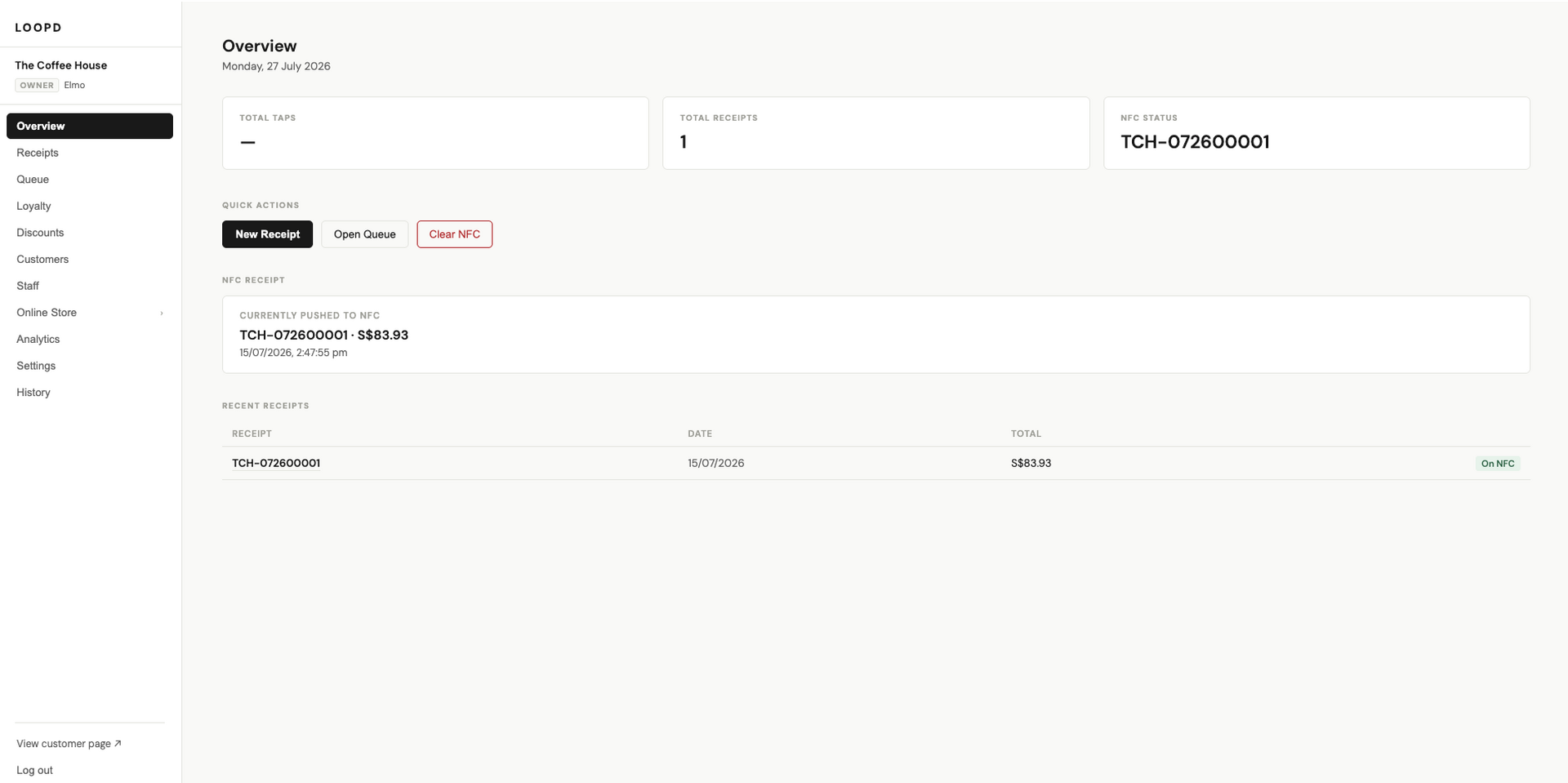 The loopd merchant dashboard overview, showing today's receipts, NFC status, and recent transaction activity