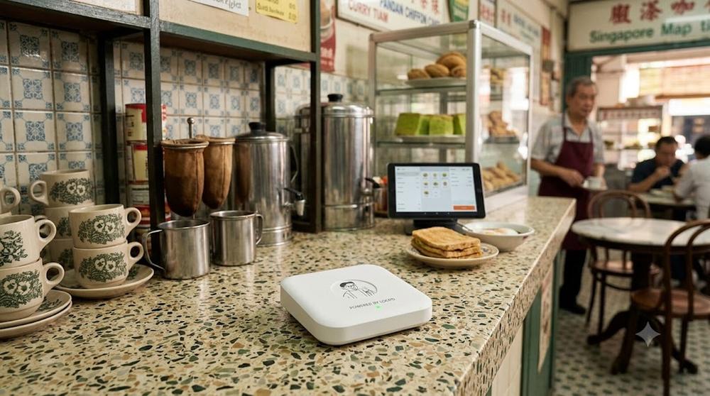 The loopd device sitting on a merchant counter next to the POS, capturing receipt data automatically
