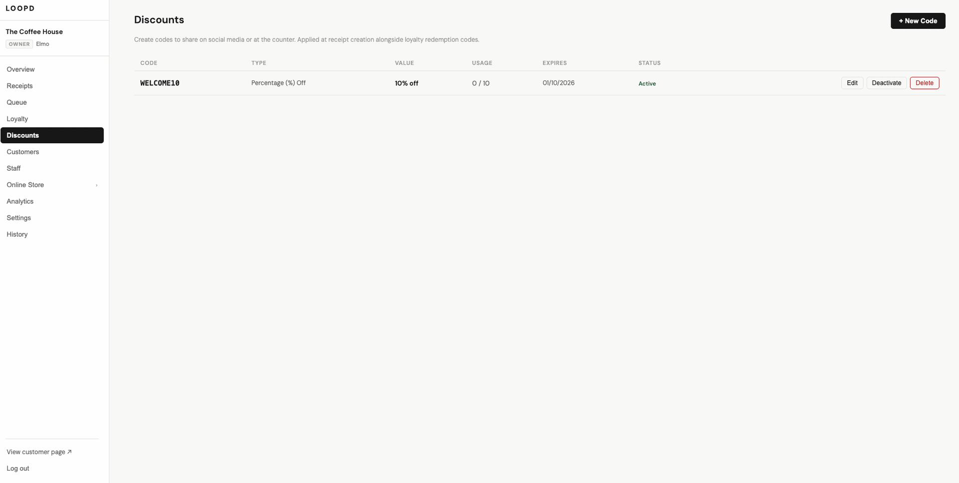 The loopd discounts page showing an active promo code with usage and expiry tracking