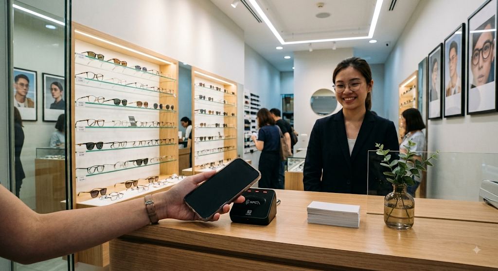 A customer tapping their phone to pay at a Singapore optical shop counter, with eyeglasses displayed on shelves behind