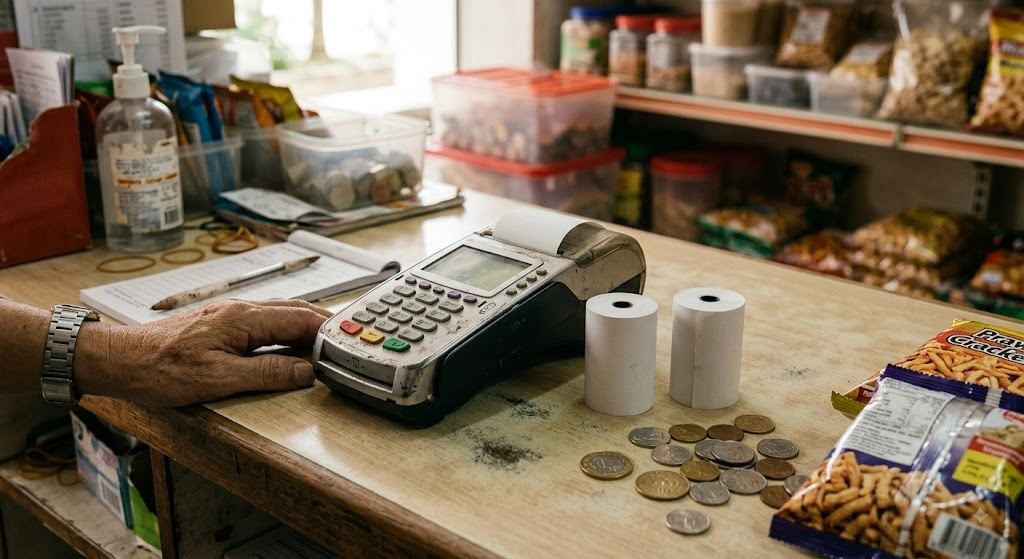 A worn, older POS terminal at a small Singapore retail counter with thermal paper rolls nearby, still in daily use