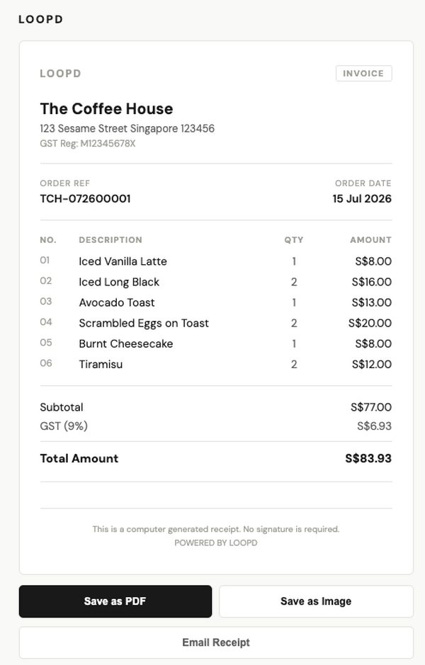 An example loopd digital receipt at its actual proportions, showing itemised purchases and GST breakdown