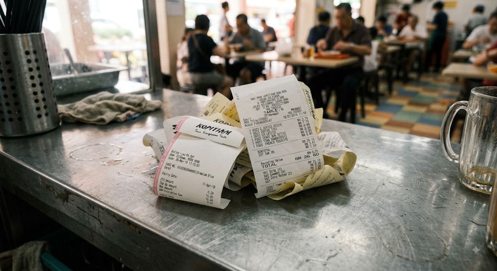 A pile of crumpled thermal paper receipts on a Singapore kopitiam counter, discarded after each transaction