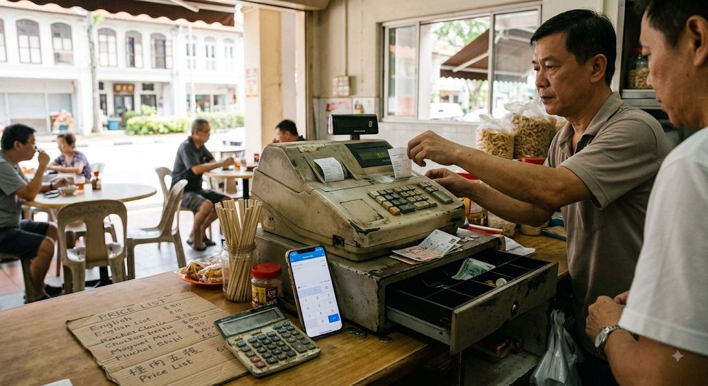 An old-style cash register next to a smartphone at a small Singapore business counter, showing the gap between legacy and digital checkout