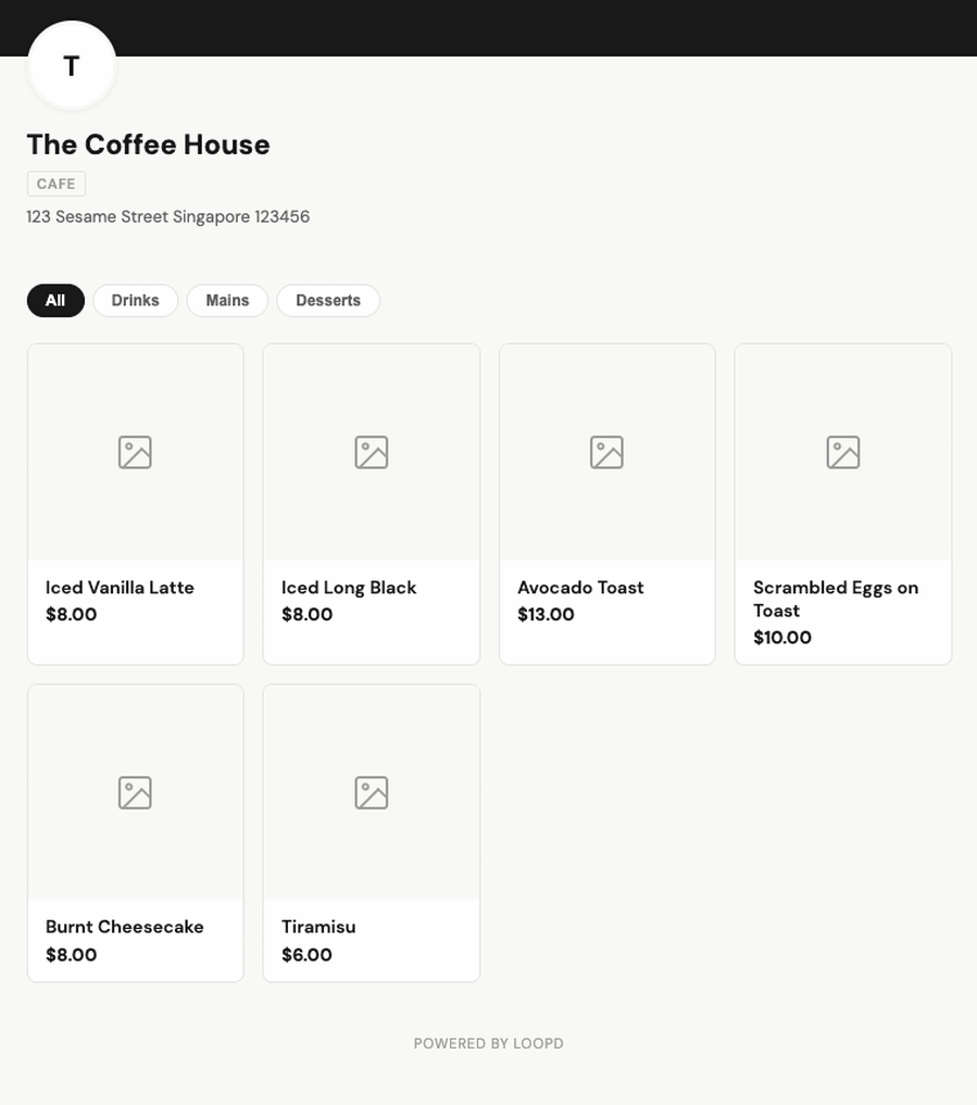 A live loopd storefront page showing a merchant's menu with items and prices